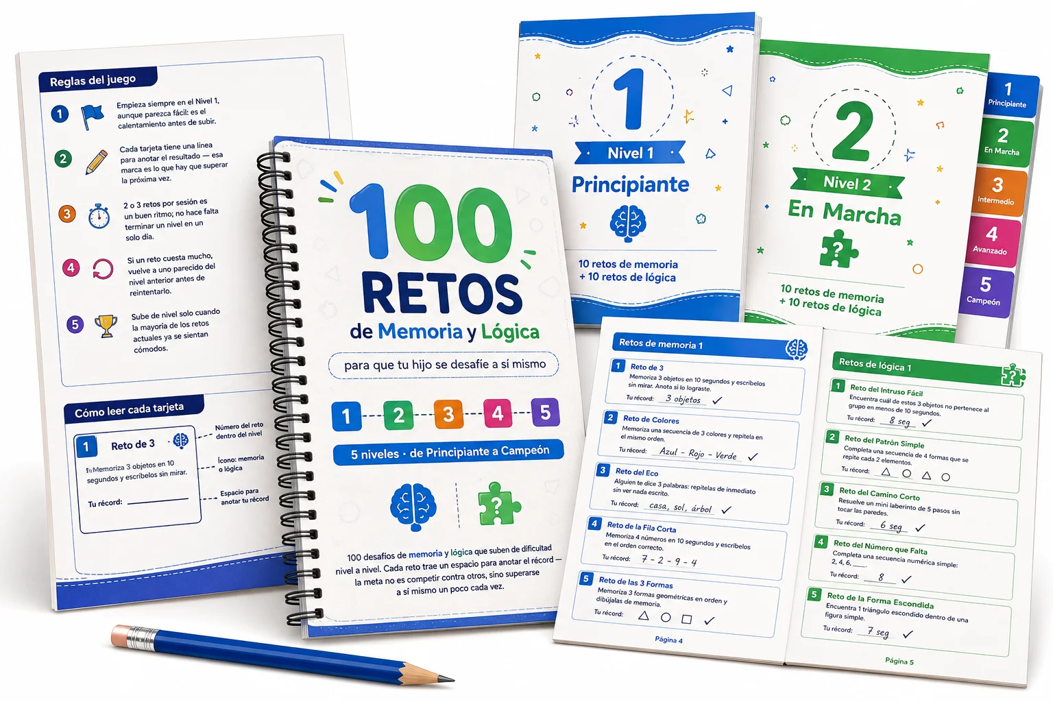Cuadernillo de 100 retos de memoria y lógica con páginas interiores abiertas